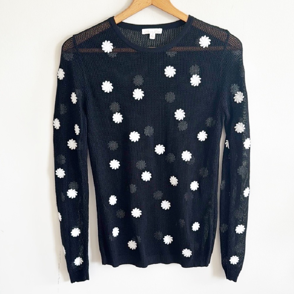 Minnie rose floral embroidered black open knit long sleeve sweater size small